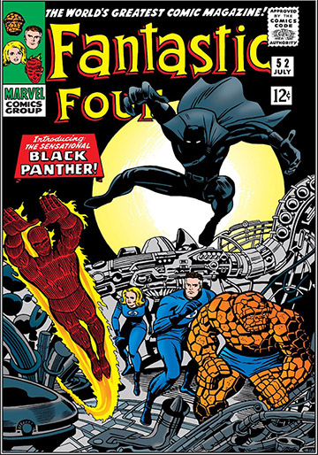 Black Panther’s debut, Marvel Comics’ Fantastic Four #52 in July of 1966. Comic book cover.